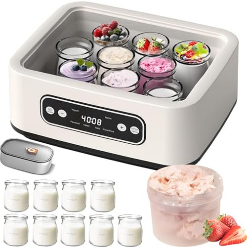 1.6L Automatic Yogurt Maker Machine with LCD Display & 9 Glass Cups + Stainless Steel Liner - 12H Timer for Homemade Yogurt, Greek Yogurt, Cheese, Probiotic Dairy - Easy-to-Use Electric Yogurt Maker