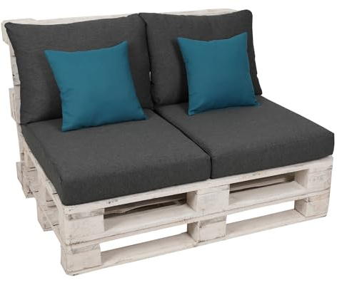 GO-DE Textil Bequeme und attraktive Palettenkissen mit Zierkissen für Paletten-Loungen (2er-Set, 6-teilig, für eine komplette Palettenlounge, Uni anthrazit-Petrol, Palettenkissen)