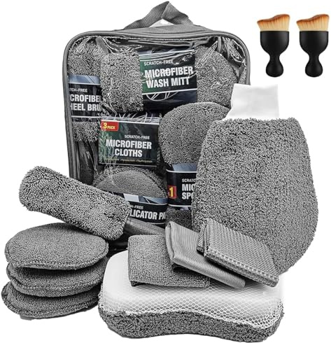 Car Wash Cleaning Tools Kit, 11Pcs Car Cleaning Brush Set with Multi-Purpose Cleaning Cloths,Tyre Brush,Polishing Pad and Sponge,Soft Car Detailing Brush Set for Cleaning Wheels,Interior&Exterior