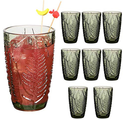 Set of 8 Tumbler Glasses 350ml Vintage Style Green Leaf Drinking Glasses | Dishwasher Safe, Embossed, Cocktail Tumblers, Glassware Set, Alfresco Dining