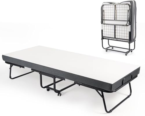 FERNVALE Folding Bed with Mattress — Portable Fold-Up Rollaway Bed & Single Bed with 10cm Memory Foam Mattress, Foldable Metal Frame, Space-Saving Bed with Wheels