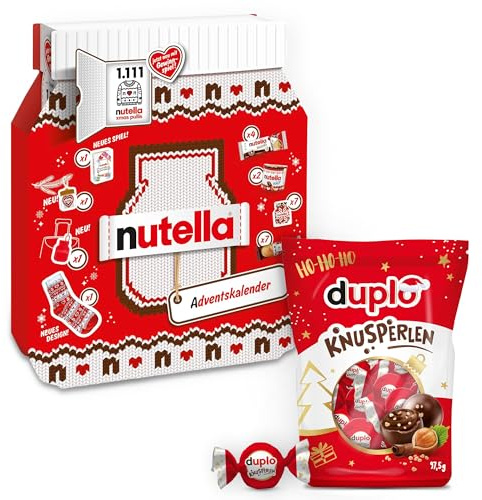 Nutella Adventskalender 2025 mit 24 Schoko-Überraschungen, 528 g & Duplo Knusperlen 97,5 g – Süßigkeiten-Bundle, süßes Geschenkset für die Adventszeit, ideal für Freunde, Familie & Nutella-Liebhaber