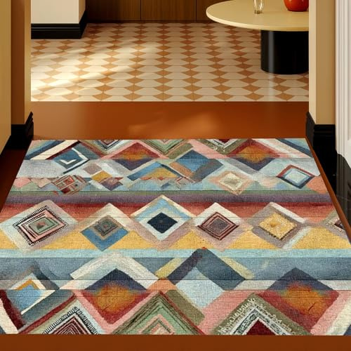 Alfombra de retazos de 150 x 240 cm, antideslizante, lavable a máquina, pelo corto, alfombra vintage para sala de estar, entrada, oficina, escritorio, mesita de noche, dormitorio, geométrico