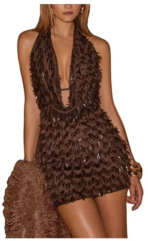 MakeMeChic Women's Sequin Sparkly Halter Dress Low Cut Open Back Draped Fringe Party Dresses Brown Small