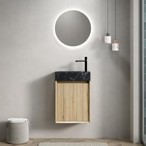 Wandmontierter Badezimmer-Waschtisch aus Naturmarmor, Unterbauwaschbecken mit Steinmuster, Badmöbel Waschbeckenunterschrank, für Kleine Badezimmer und Gäste-WC, Weiße Eiche, 40 x 22 x 58 cm