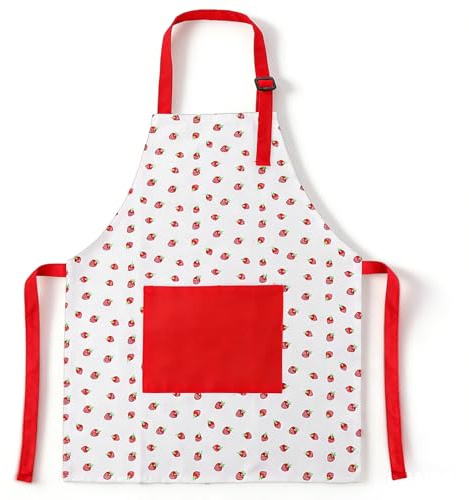 DOPENSPI Kochschürze Kinder,Rote Erdbeerschürze Kinderschürze Verstellbare | Baumwolle Kochschürze Kinder Mit Taschen 50.5x40cm Schürze Grillschürze Mädchen Malkittel Beim Kochen Malen Grillen