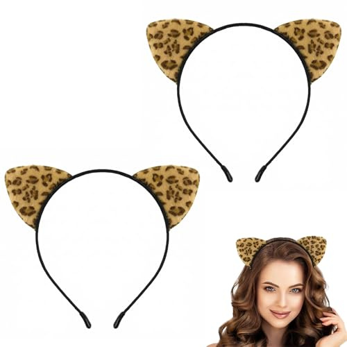 2 Stück Leoparden Ohren Haarreif Mit Katzenohren Leopard Stirnband Mit Leoparden Ohren, Katzenohren Haarreif Für Damen, Kostüm Damen Zubehör, Leopard Print Haarband Für Alltag, Party Und Verkleidung