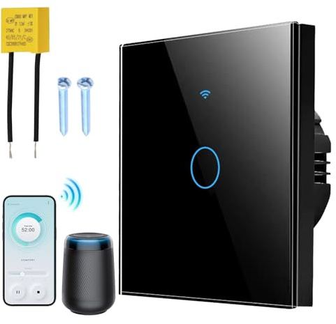 Interruptor Inteligente WiFi, 1 Gang Interruptor Pared Táctil Compatible con Alexa Google Home, Control Remoto App Smart Life Programable Temporizador, Panel Vidrio Templado Hogar Negro, 1 Pieza