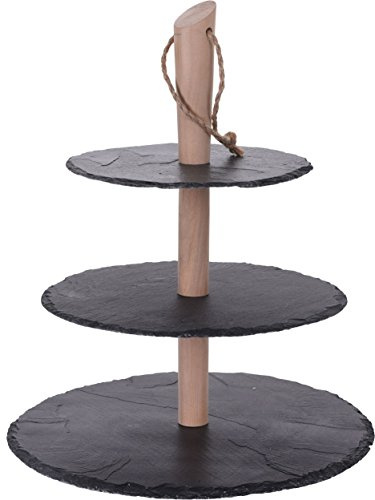 Spetebo Schiefer Etagere 36 cm - 3 Platten - Servierplatte mit Holzständer - Etagenständer 3-stöckig