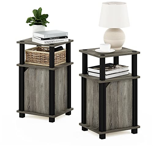 Furinno Brahms 3 Niveles Auxiliar/Mesa de sofá/mesita de Noche con Puerta, Engineered Wood, Roble Francés/Negro, Nivelese de 2, 2 Unidades