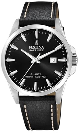 Festina SWISS MADE Orologio Uomo Analogico Pelle Nera - Quarzo Data - Vetro Zaffiro Resistente - Impermeabile 10 ATM Elegante - F20025/4 Classic Leather