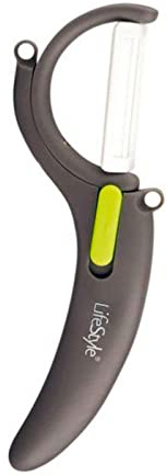 Pelapatate in ceramica con manico in silicone colorato assortito, ruotate orizzontalmente e verticalmente. Strumento per sbucciare alimenti con lama in ceramica. 15 x 17 x 1,5 cm