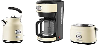 WESTINGHOUSE Toaster Wasserkocher Set + Kaffeemaschine, Retro Frühstücksset schwarz, Toaster 2 Scheiben mit Brötchenaufsatz, Filter Kaffeemaschine, Wasserkocher Edelstahl 1.7 Liter mit Kalkfilter