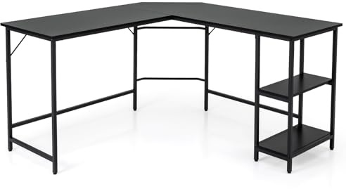LIFEZEAL L-format datorbord, hörnskrivbord med 2 hyllor, industriell design kontorsbord, spelbord för kontor, arbetsrum (svart)