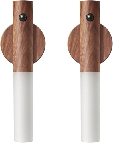 FR.Tooc Wall Sconces, Smart Portable Sensor Night Light Wood USB Rechargeable Magnetic Night Light for Bedroom, Hallway, Stairway Wall Induction lamp (Walnut Wood 2PCS)