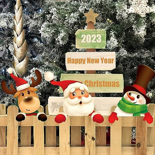 Decoraciones de Navidad exteriores, valla de Navidad para el patio, lindo alce, muñeco de nieve y Papá Noel para la decoración de la valla del jardín, césped, patio, entrada, estacionamiento