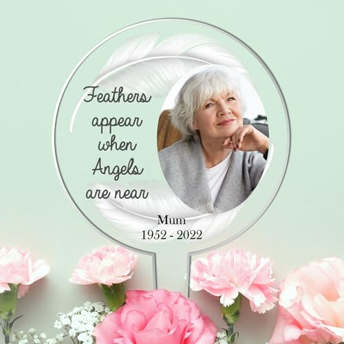 Personalised Memorial Acrylic Grave Stakes - Custom Plaque for Loved Ones Heartwarming Memorial Tribute for Ground Placement (Grey Feathers)