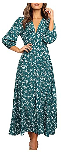 Elegant sommar-/höstklänning för kvinnor, 3/4-ärmar, blommig långklänning, chiffong, veckad, v-ringad omlottklänning, hög midja, volanger, maxiklänning, festklänningar, långärmad A-linjeklänning,
