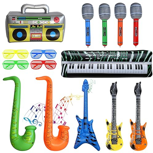 Ensemble de jeu gonflable Rockstar de 15 paquets, ensemble de jeu d'instrument de musique gonflable, microphone de saxophone de guitare gonflable, fournitures de fête, jouets de fête de carnaval