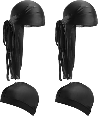 2 Sombreros Durag y 2 Sombreros Redondos, Sombrero de Seda y Satén, Bandana Pirata, Tocado Elástico de Seda para Dormir (Negro)