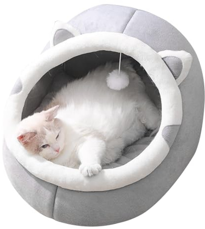 Amesor Cama para Gatos, Cama para Cueva para Mascotas, Cama De Cueva para Gatos, Caseta Gato con Cojín Acolchado Interior Desmontable Lavable, Bola Colgante Juguete, para Gatos Pequeños, Cachorros