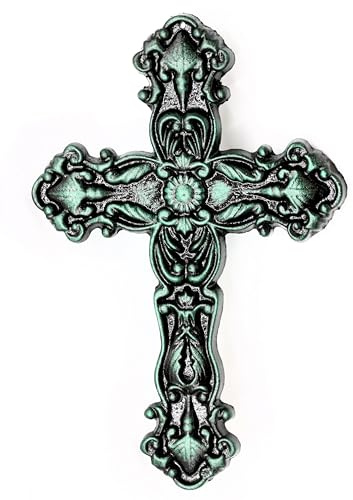 UHRIG cruz de pared de hierro macizo, crucifijo de hierro forjado para colgar, cruz cristiana para la pared, 25cm de altura. color negro y verde pátina.