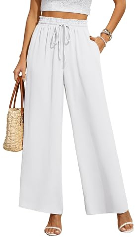 BEIGAI Wide Leg Trousers for Women Lounge Comfy Elastic High Waisted Drawstring Pants Ladies Summer Trousers with Pockets,White,3XL
