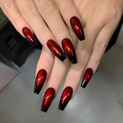 Ceboic 24 Stück Coffin Nägel Zum Aufkleben Lang Rot Schwarz Farbverlauf Künstliche Nägel French Ballerina Kunstnägel Press on Nails Acryl Fingernägel Fake Nails mit Nagelkleber Aufkleber für Frauen