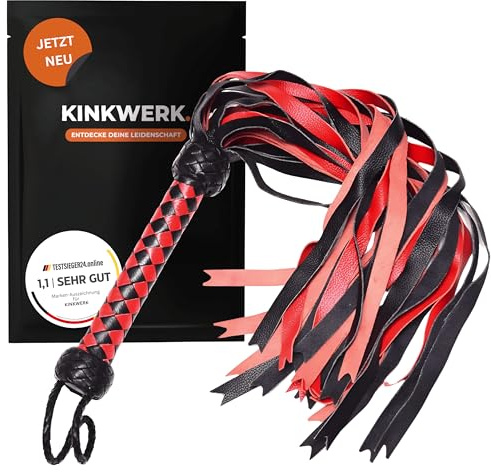 KINKWERK Flogger in Rot/Schwarz (PU) | Hochwertiges Kunstleder | Stabiler Griff | Vielseitig für Indoor & Outdoor BDSM-Spiele