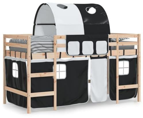 vidaXL Kinderhochbett, Hochbett mit Tunnel Vorhängen, Spielbett Bett für Kinder ab 6 Jahren, Kinderbett Etagenbett Stockbett, Weiß Schwarz 80x200cm Kiefernholz