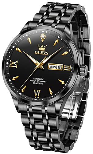 OLEVS Herrenuhren Automatik Mechanische Schwarz Armbanduhr mit Skelettiertem Tourbillon Kalender Wasserdicht Leuchtende Klassische Luxus Armbanduhren für Herren