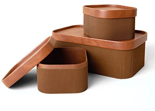 LA JOLIE MUSE Fluted Cardboard Storage Baskets with Leather-Like Lids, Sturdy Stackable Paper Boxes Decorative Tray, Chocolate Brown, Set of 3
