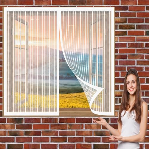 Fliegenschutzgitter für Fenster 118 x 165 cm Insektenschutz Fenster Einfache Installation Auto Schließen Magnet Fliegengitter für Alle Universalfenster, Weiß