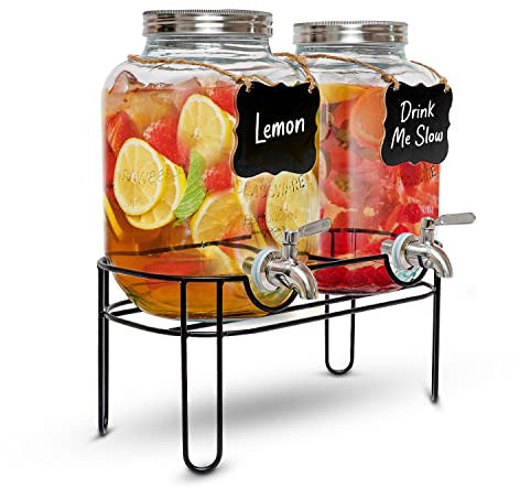 EliteKoopers 4 Litres Dual Double Glass Jar With Stand Screw Lid Jugs Tap For Beverage Drinks Dispenser Summer Party Mason Jar Drinking Lemonade etc. (Design 1)