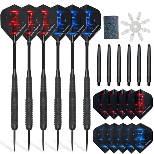 SOUTHMAN 6-pack ståldart-set, 22 g dartspets med halkfri rostfri stålaxel, 10 st pilflygningar, 12 st aluminiumaxlar, 1 pilvässare, 1 flygskydd, presentask