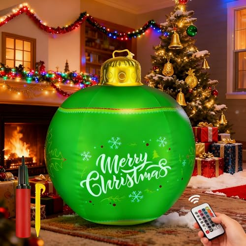 Hysagtek 60cm Inflatable Christmas Baubles - Extra Large Christmas Outdoor Decorations with Led Light Giant Xmas Baubles with Remote Stakes Pump For Xmas Yard Garden Home Patio Decor, Green