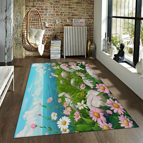 BYLEEHOMED Bunter süßer Blumenteppich 180x270cm waschbarer Boho Pink Daisy und Ocean Teppich für Schlafzimmer rutschfeste Cartoon-Illustration Capet für Klassenzimmer