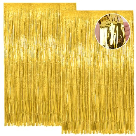 Vaktop 2 Stück Lametta Vorhang Gold, Glitzervorhang Lametta, 1m x 2m | Glitzer Party Vorhang, Folien Fransen Hintergrund fur Party Deko Geburtstagsdeko Hochzeit Festivals Bühnendekor