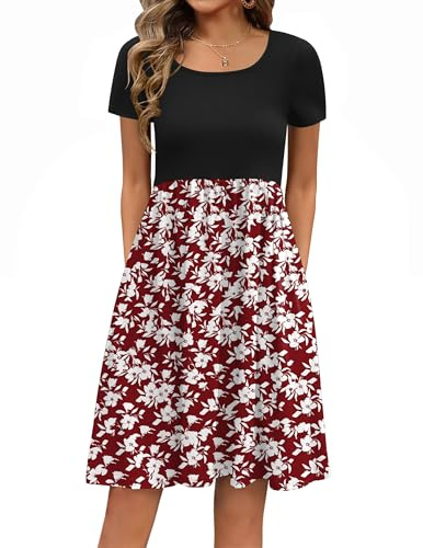 Zeagoo sommarklänning dam eleganta A-linje klänningar rund hals klassisk tunika klänning knälång fritidsklänningar kortärmad med fickor, Blommor röda, L