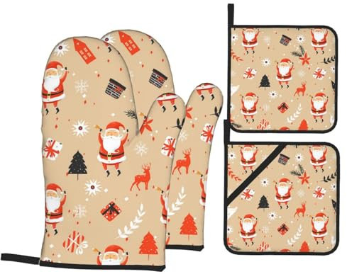 Ofenhandschuhe und Topflappen-Sets Hirsch, Weihnachtsmann, Blume, hitzebeständig, Küchen-Backhandschuhe, rutschfeste Oberfläche zum Kochen, Backen, Grillen, Grillen