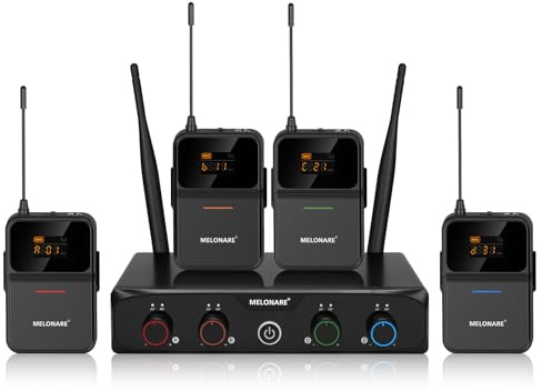 MELONARE 4-Channel Wireless Microphone System,UHF Compact Cordless Mic Set w/ 4x10 Frequencies, 200ft Range, 4 Bodypacks & Headset/Lapel Microphones for Singing, Church, Conference (MWM-41-4B)