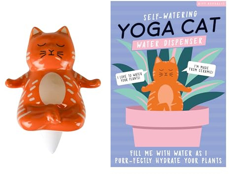 Gift Republic Self-Watering Yoga Cat - Drip Feed Stake - Ceramic Plant Pot Decoration Indoor Plant Accessory - Gardening Gift, Orange