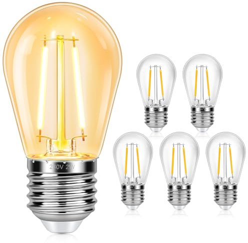 6 Stück S14 E27 2W LED Glühbirnen, Ersatz 20W Glühbirnen Außen, 2700K Warmweiß, AC220-240V, S14 Klar Birnen, Nicht Dimmbar, Ersatzbirne für Innen Außen-Lichterketten, Camping, Garten, Party
