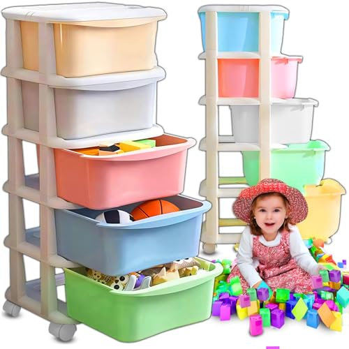 Retoo Kinderregal Spielzeug Organizer Spielzeugregal Aufbewahrungsboxen Aufbewahrungsregal mit 5 Herausnehmbare Boxen Plastikbehältern Schubladenschrank auf Rädern 97 x 37 x 37 cm Mehrfarbig
