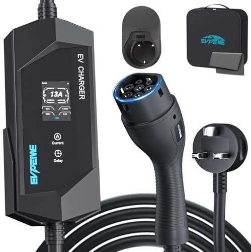 EVPEIWE Type 2 EV Charger to UK 3 Pin Plug 10 Meter, 6/8/10/13A Portable Electric Car Charger, 3.3KW Type 2 Charging Cable for BEV & PHEV, with EV Cable Holder and Carry Bag (Black)