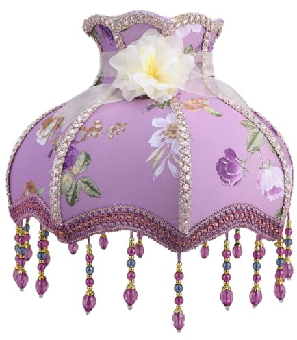 CLISPEED Purple Lilac Lampshade with Beaded Lace Elegant Fabric Cover for Table and Floor Lamps Princess Style Vintage Light Shade for Indoor Home Decor