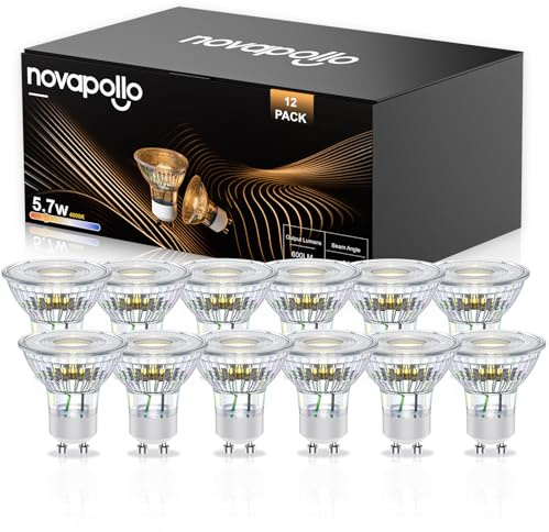 novapollo Ampoules LED GU10 Non Dimmables, 5.7W = 75W, 4000K Lumière Blanche Chaude - Idéal pour Éclairage sur Rail/Encastré - Cuisine/Salon/Chambre - Lampe LED sans Filament - 12PK