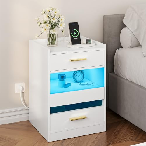 YITAHOME Nachttisch, Beistelltisch mit LED-Lichtern und Ladestation Weiß | Nachttischschrank Nachttisch mit Aufbewahrungsschubladen für Wohnzimmer