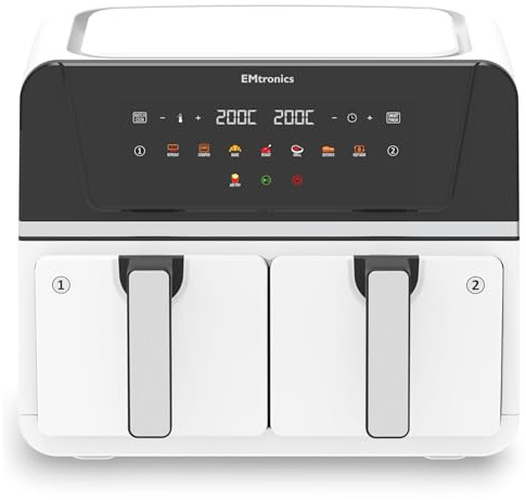 EMtronics 9L Dual Zone Air Fryer 2400W Family Size, 8 Preset Cooking Mode, Match Cook & Smart Finish Functions, 9 Litre - White