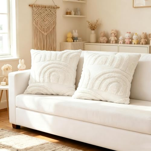 Sunshine smile 2er Set Samt Kissenbezüge Weicher,Boho Regenbogen Kissenbezüge 40x40,Kissenbezug 40x40,Samt Stickerei kissenbezüge weicher,Weicher Plüsch Zierkissenbezüge
